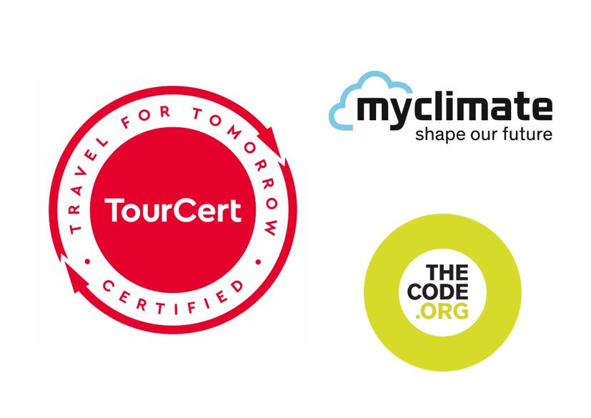 Bild Logos TourCert, myclimate, The Code