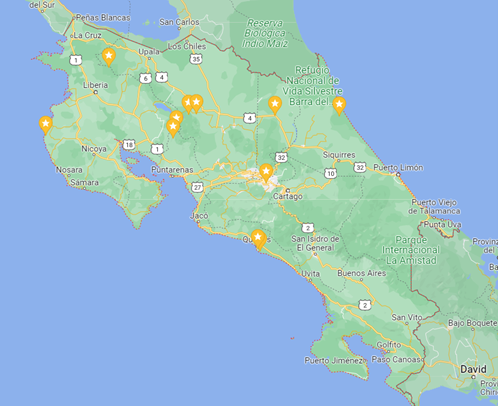 Karte Costa Rica, mit Stopp während unserer Mietwagenreise